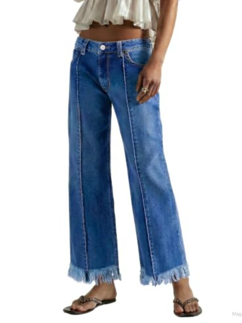 Mid Rise Wide Leg Jeans Frayed Hem Ankle Denim Pants